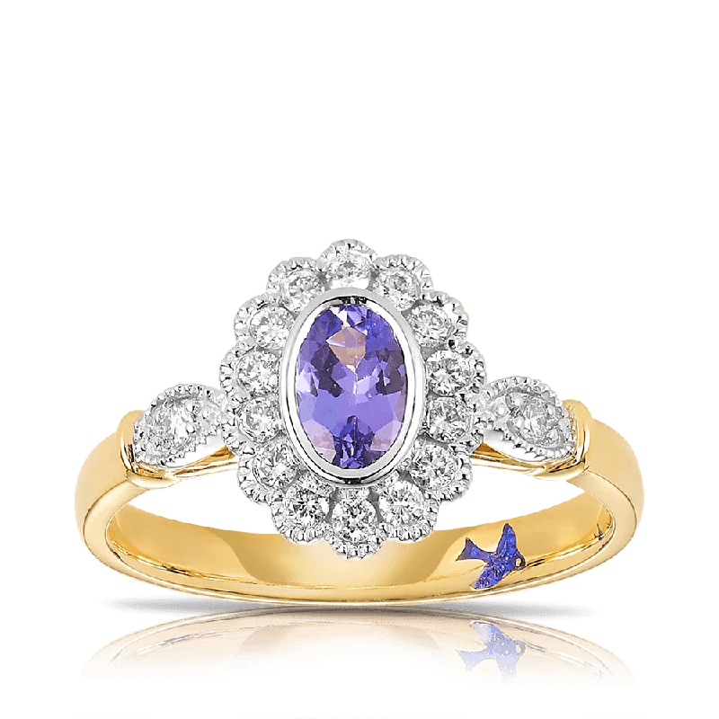 Bluebird™ Tanzanite & 0.25ct TW Diamond Halo Ring in 9ct Yellow and White Gold