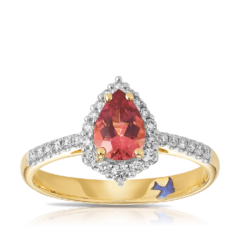 Bluebird™ Pink Tourmaline & 0.25ct TW Diamond Pear Halo Ring in 9ct Yellow Gold