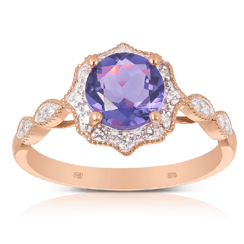 Amethyst & Diamond Halo Ring in 9ct Rose Gold