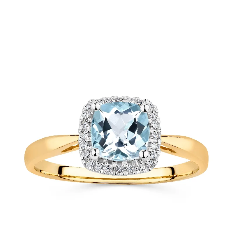 Aquamarine Halo Ring in 9ct Yellow Gold