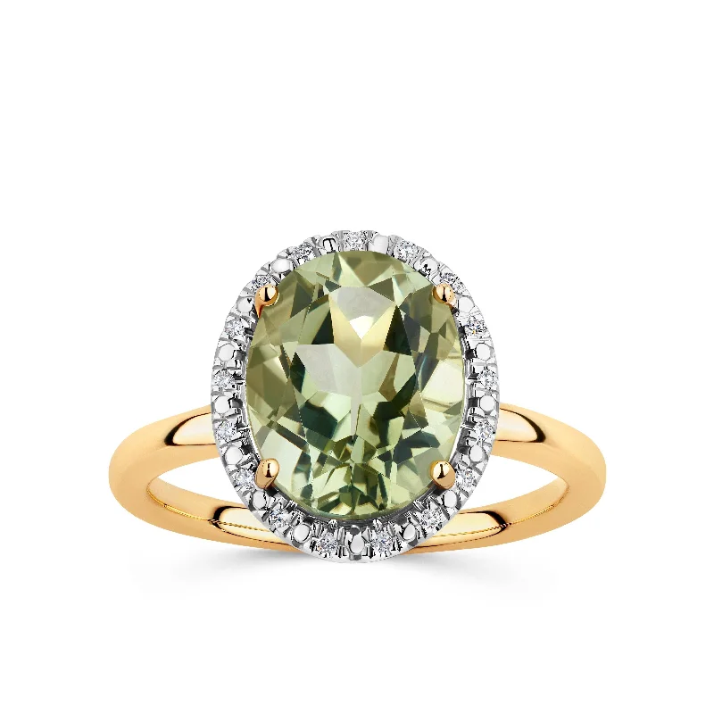 Oval Cut Green Amethyst & Diamond Cocktail Ring in 9ct Yellow Gold