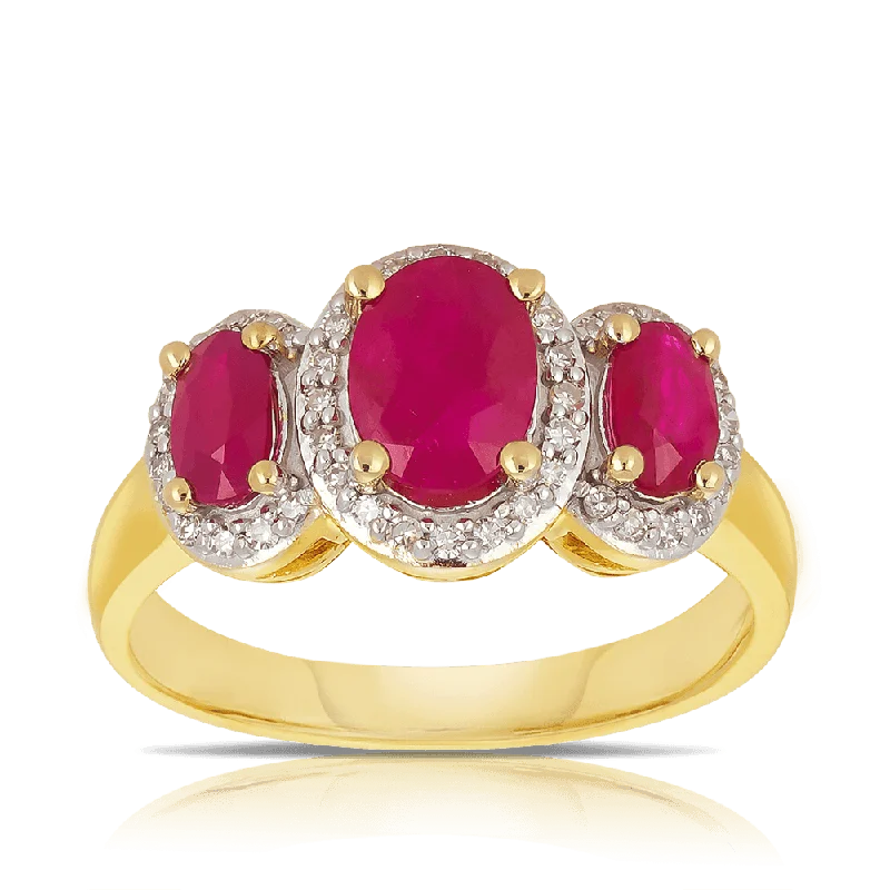 Ruby & Diamond Trilogy Ring in 9ct Yellow Gold