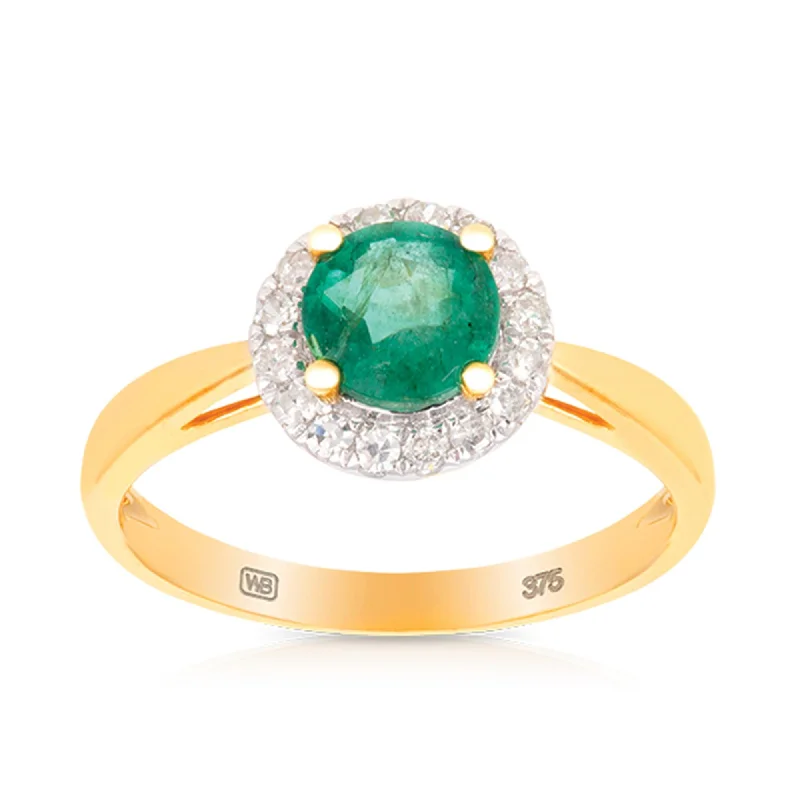 Emerald & Diamond Halo Ring in 9ct Yellow Gold