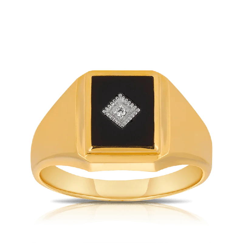 Onyx & Diamond Rectangular Ring in 9ct Yellow Gold