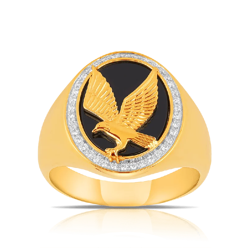 Onyx & Diamond Eagle Signet Ring in 9ct Yellow Gold