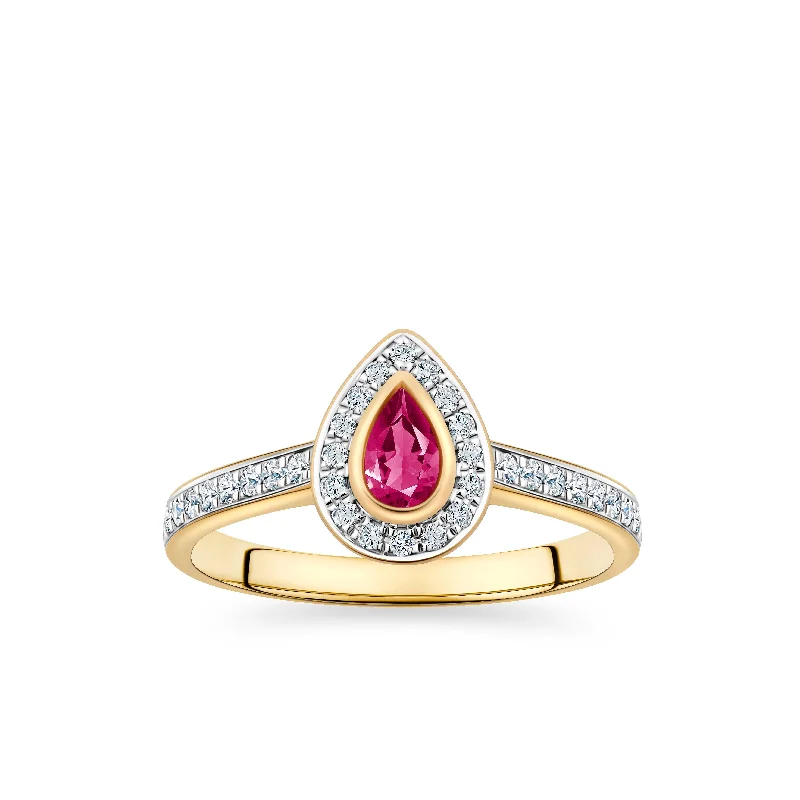 Ruby and Diamond Halo Ring in 9ct Yellow Gold