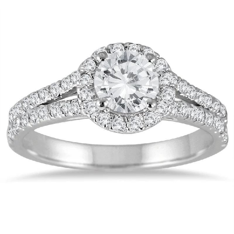 AGS Certified 1 1/4 Carat TW Diamond Split Shank Halo Engagement Ring in 14K White Gold (J-K Color, I2-I3 Clarity)