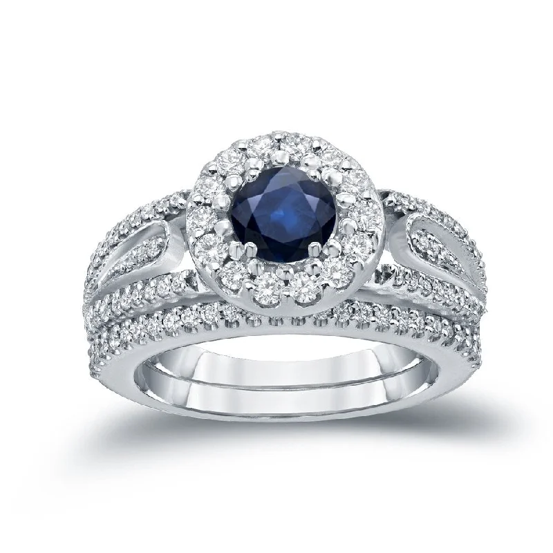 Auriya 1/4ct Blue Sapphire and 1/2ctw Halo Diamond Engagement Ring Set 14k Gold