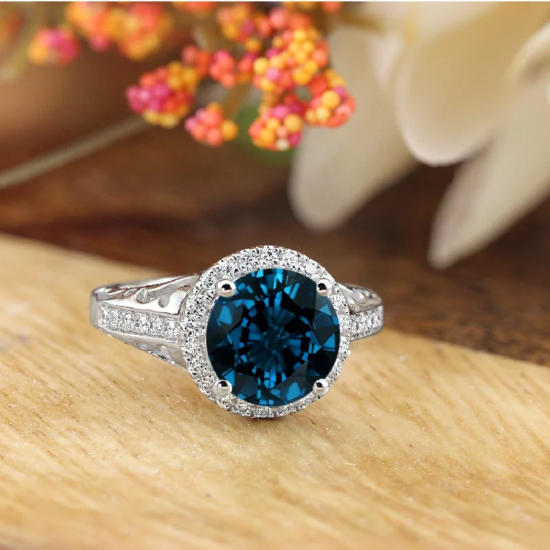 Auriya 2 5/8ct Fancy Round London Blue Topaz and Halo Diamond Engagement Ring 1/5ctw 14k Gold