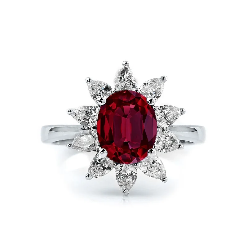 Auriya 2ct Oval-cut Red Ruby Sunburst Halo Diamond Engagement Ring 3/4ctw 18K Gold