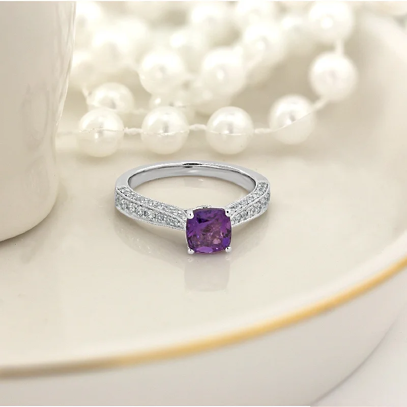 Auriya 5/8ct Unique Cushion-cut Purple Amethyst and Diamond Engagement Ring 3/8ctw 14k Gold