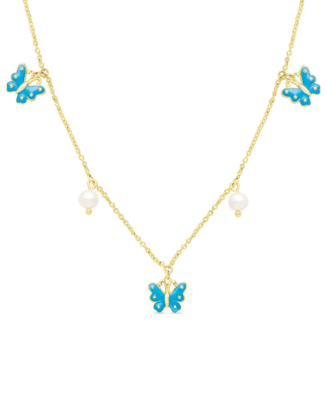 Butterfly and Freshwater Pearl Charms Necklace (Blue)