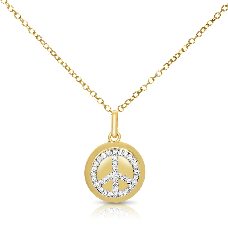 Cubic Zirconia Sterling Silver Gold Plated Peace Symbol Disc Pendant