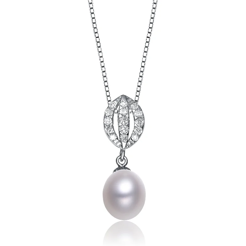 Cubic Zirconia Sterling Silver White Gold Plated Pearl Drop Pendant