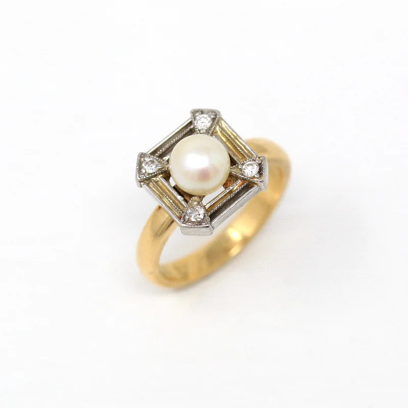 Sale - Cultured Pearl Ring - Edwardian 18k Yellow Gold Platinum .08 CTW Old Cut Diamonds - Dated 1908 "Dec. 31 1908" Size 5 3/4 Fine Jewelry