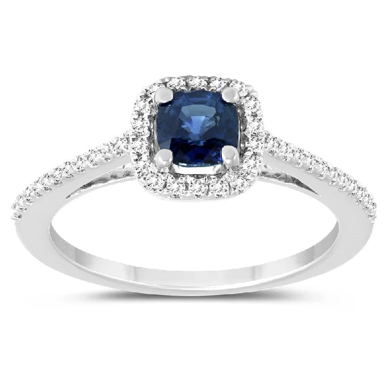 Cushion Sapphire and Diamond Halo Engagement Ring in 14K White Gold