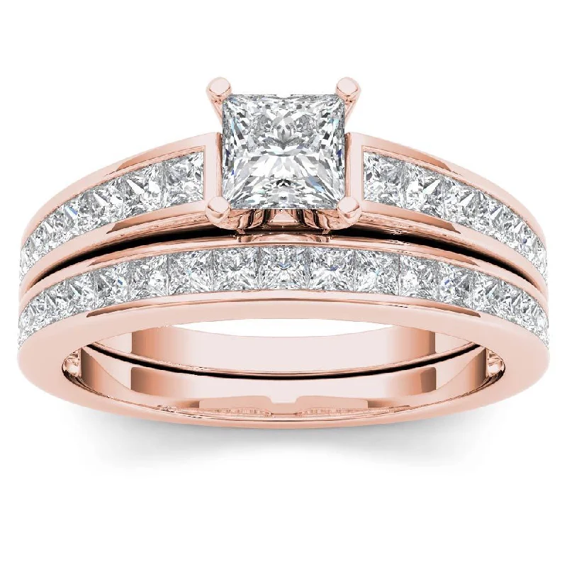 De Couer 14K Rose Gold 1 1/2ct TDW Princess-Cut Diamond Engagement Ring Set