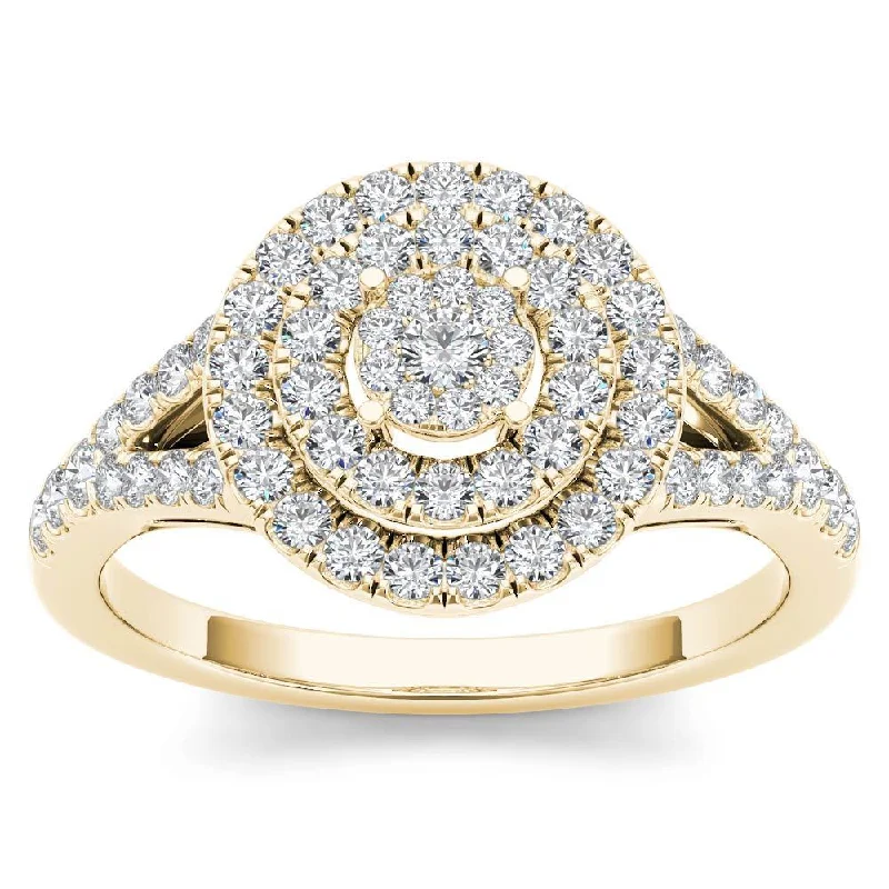 De Couer 14k Yellow Gold 1/2ct TDW Diamond Cluster Double Frame Engagement Ring