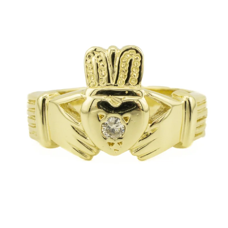 Diamond Solitaire Claddagh Ring in 14K Yellow Gold - Size 9.5