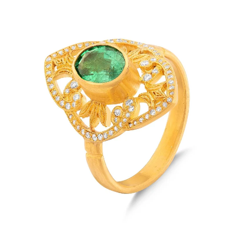 Filigree Garden Ring with Emerald and Diamonds