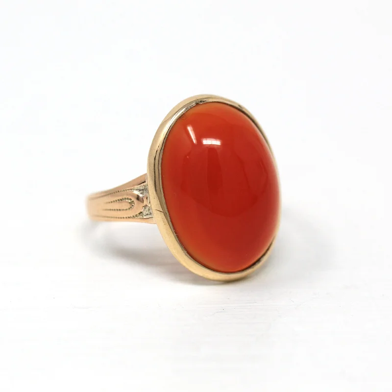 Genuine Carnelian Ring - Edwardian 10k Yellow Gold Oval Cabochon Cut Gemstone - Antique Circa 1900s Era Size 7 Statement Fine Jewelry