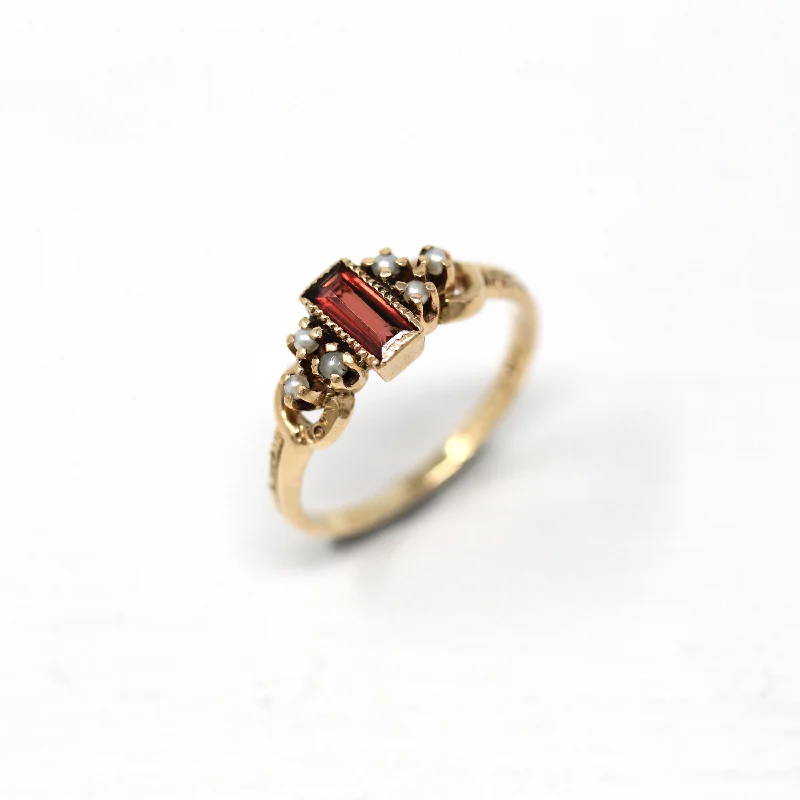 Genuine Garnet Ring - Edwardian 10k Yellow Gold Rectangular Faceted Seed Pearls - Antique Circa 1900s Era Size 3 1/4 Dainty Fine WWW Jewelry