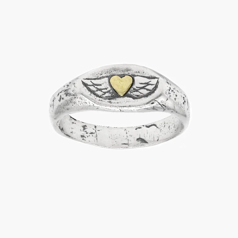 Golden Heart With Wings Sterling Silver Ring