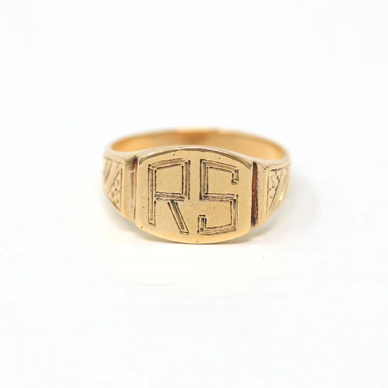 Letters "RS" Ring - Mid Century 14k Yellow Gold Engraved Initials Signet - Vintage Dated 1952 Statement Size 7 1/2 Fine 50s Flower Jewelry