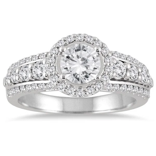 Marquee Jewels 1 1/2 Carat White Diamond Halo Engagement Ring with Side Stones in 14K White Gold