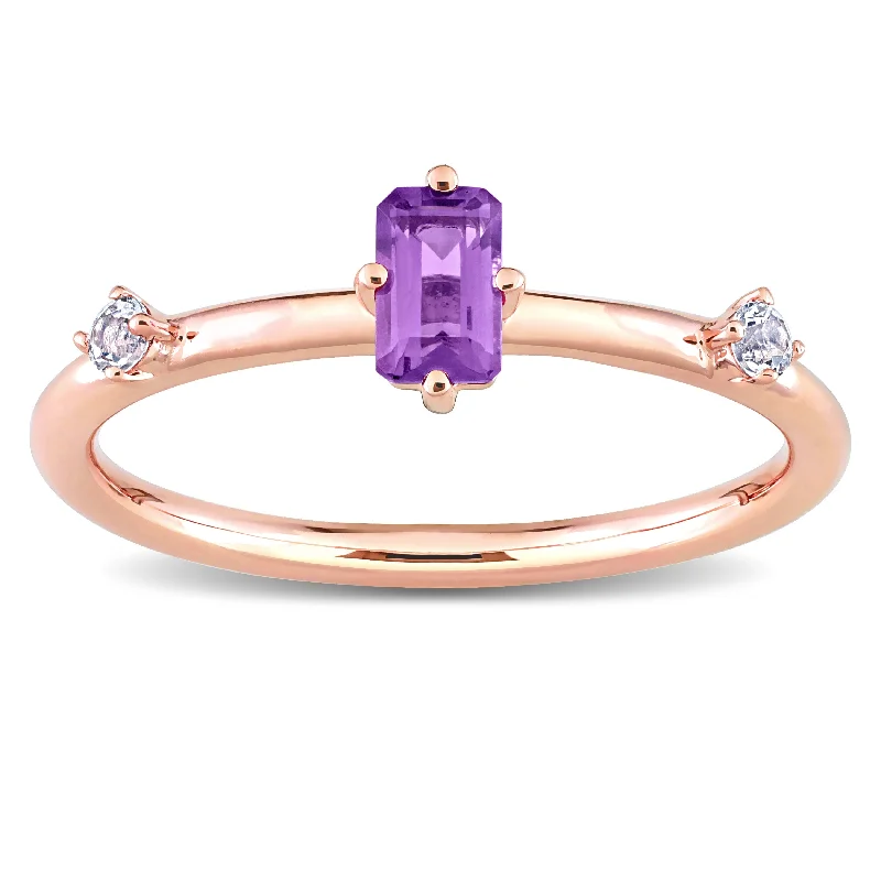 Miadora 10k Rose Gold Amethyst and White Topaz 3-Stone Stackable Rectangular Ring