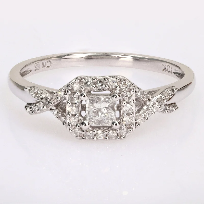 Miadora 10k White Gold 1/3ct TDW Diamond Halo Crossover Engagement Ring