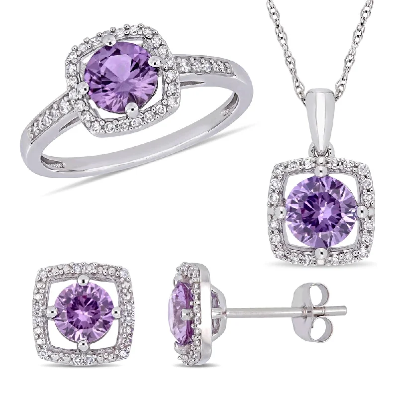 Miadora 10k White Gold Created Alexandrite and 1/3ct TDW Diamond Floating Halo Jewelry Set