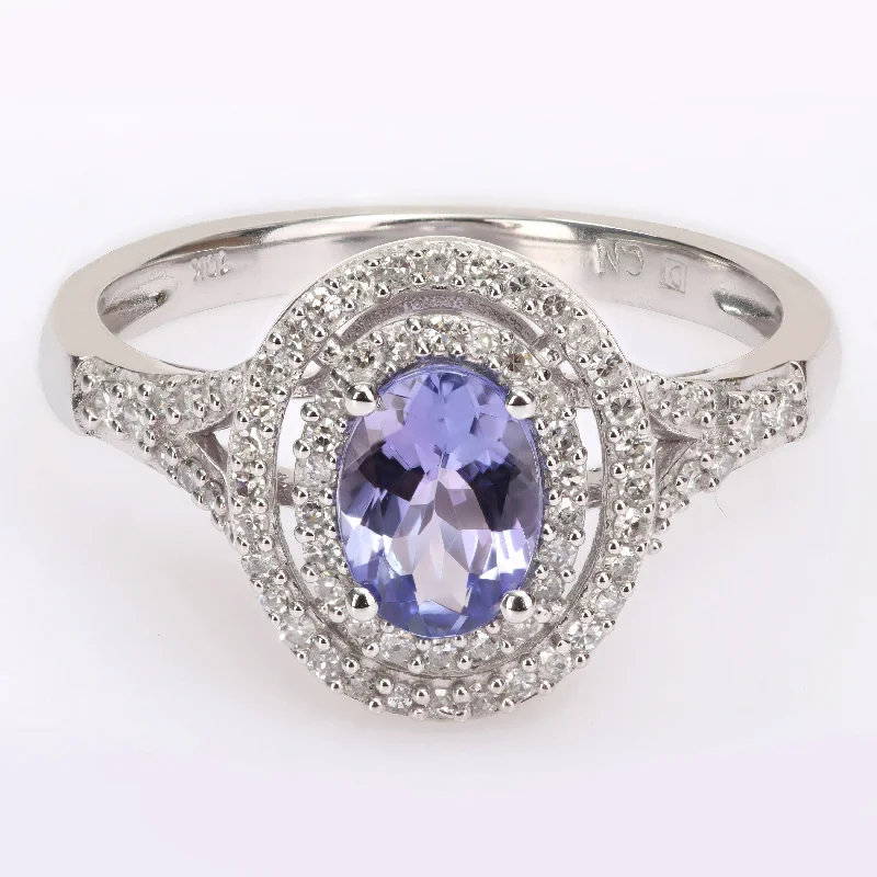 Miadora 10k White Gold Tanzanite and 1/4ct TDW Diamond Double Halo Split Shank Ring