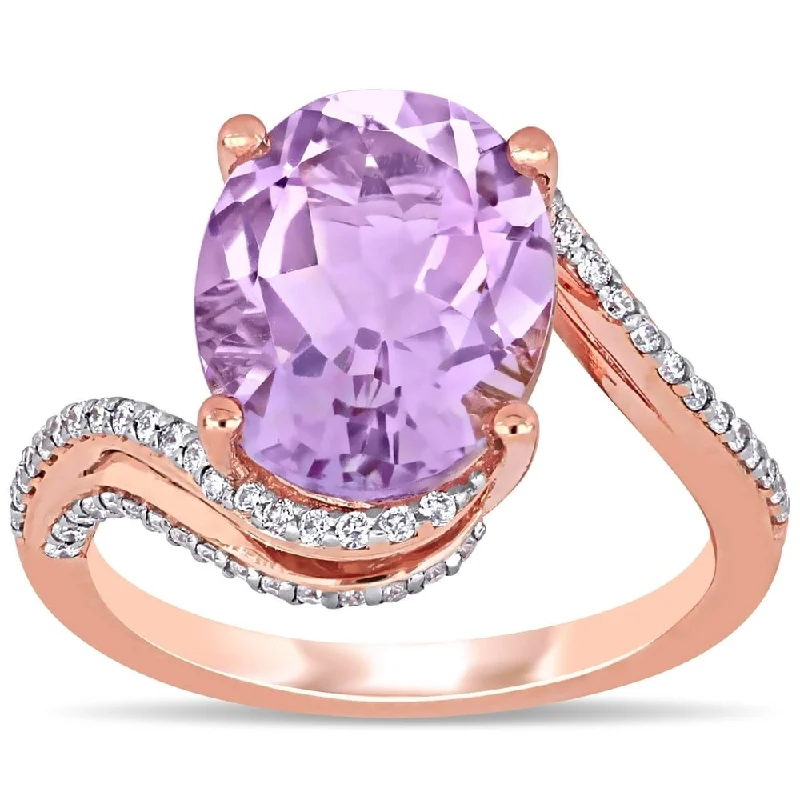 Miadora 14k Rose Gold Oval-Cut Rose de France and 1/3ct TDW Diamond Bypass Cocktail Ring