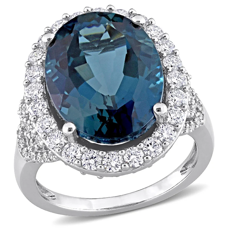 Miadora 14k White Gold 12CT TGW London-Blue Topaz and 1 2/5ct TDW Diamond Halo Cocktail Ring