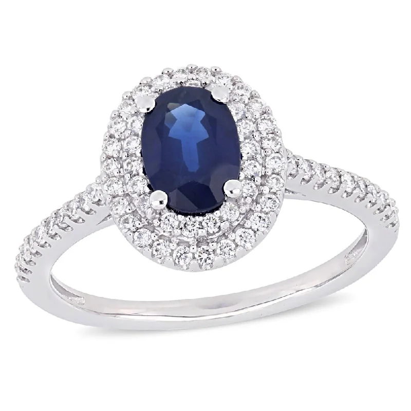 Miadora 14k White Gold Blue Sapphire and 1/3ct TDW Diamond Double Halo Ring