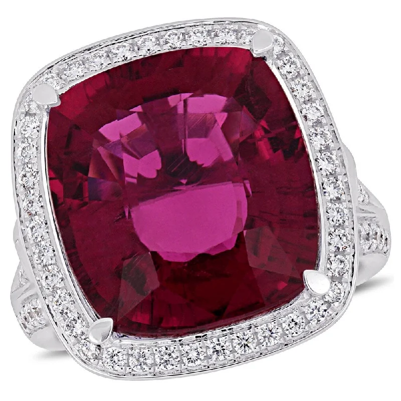 Miadora 14k White Gold Pink Tourmaline and 1-3/8 ct TDW Diamond Halo Ring