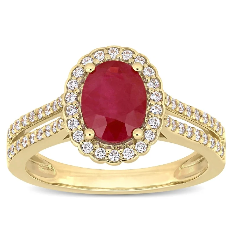 Miadora 14k Yellow Gold Ruby & 1/3ct TDW Diamond Halo Double Row Ring