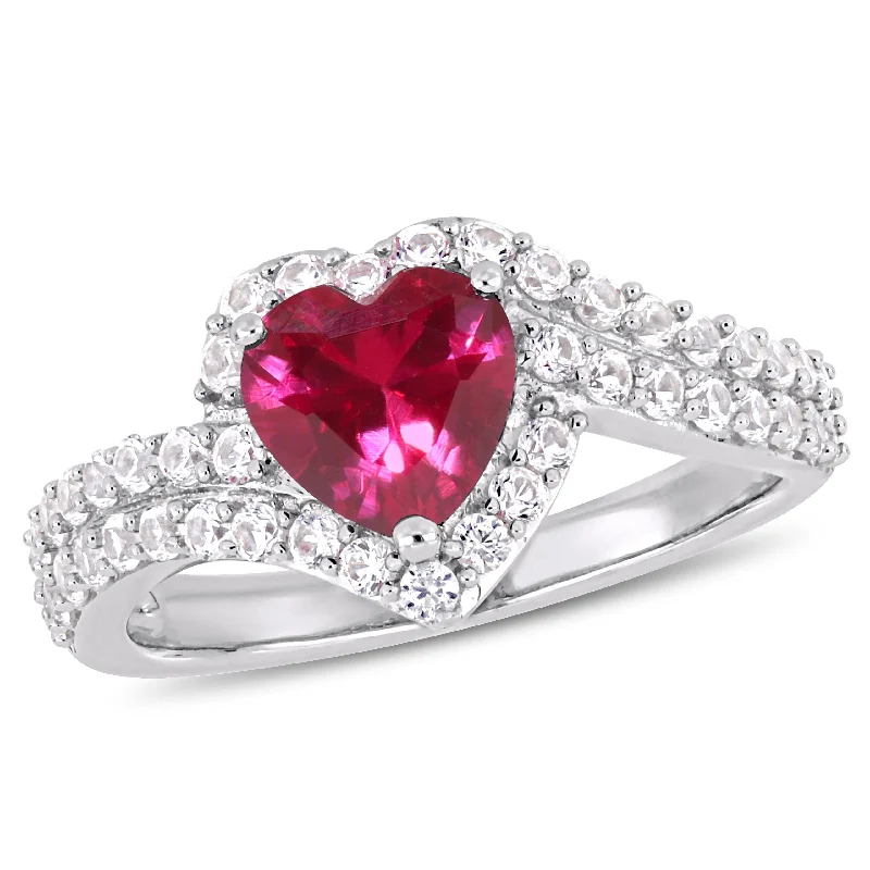 Miadora 2 1/2ct TGW Created White Sapphire and Created Ruby Heart Halo Engagement Ring in Sterling Silver