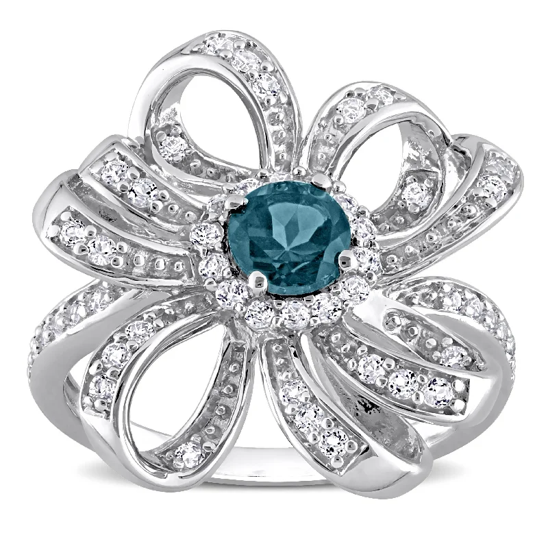 Miadora London Blue Topaz and White Topaz Floral Cluster Ring in Sterling Silver