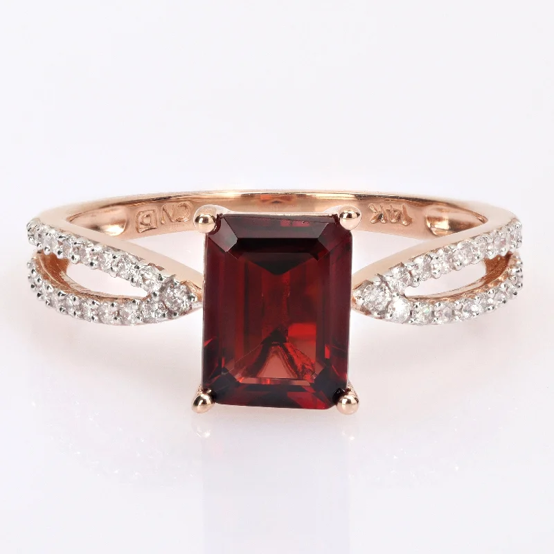 Miadora Octagon-cut Garnet and 1/5ct TDW Diamond Split Shank Cocktail Ring in 14k Rose Gold