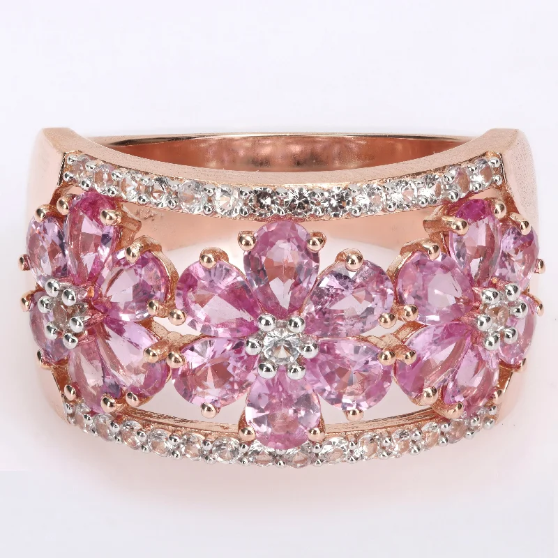 Miadora Pear-Cut Pink and White Sapphire Triple Floral Cocktail Ring in 14k Rose Gold