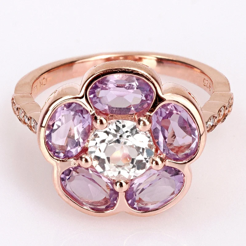 Miadora Rose Plated Sterling Silver Amethyst, White Topaz and Diamond Accent Composite Flower Ring