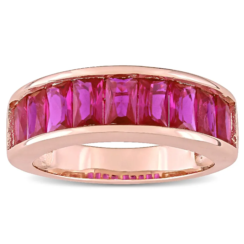 Miadora Rose Plated Sterling Silver Baguette-cut Created Ruby Semi-Eternity Anniversary Band Ring