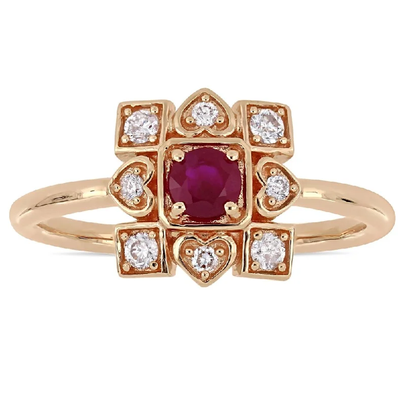 Miadora Signature Collection 10k Rose Gold Ruby and 1/5ct TDW Diamond Clustered Square Halo Artisanal Ring