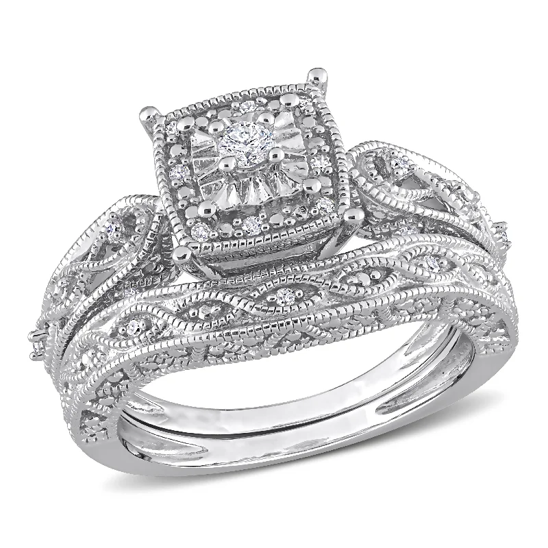 Mimi & Max 1/5ct TW Diamond Cushion Shape Filigree Bridal Set in Sterling Silver