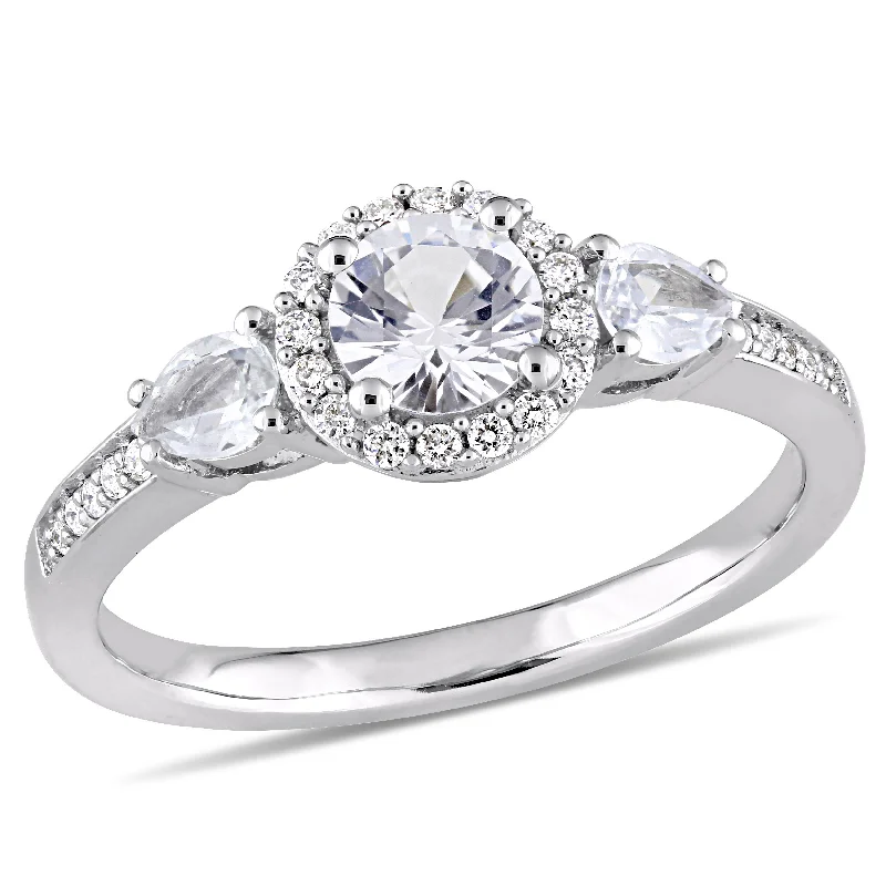 Mimi & Max 1ct TGW Round and Pear-Cut White Sapphire and 1/8ct TW Diamond 3-Stone Halo Ring in 14k White Gold