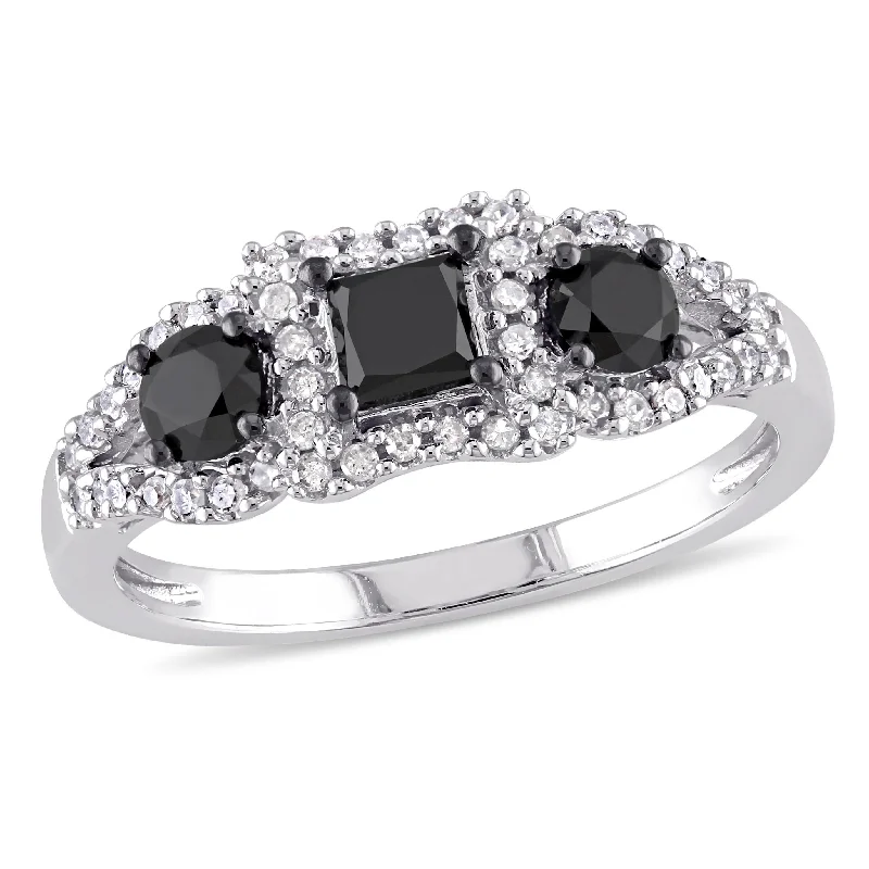 Mimi & Max 1ct TW Black and White Princess-Cut Diamond 3-Stone Engagement Ring in 10k White Gold