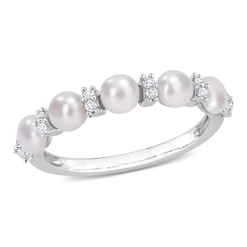 Mimi & Max 3.5-4mm Cultured Freshwater Pearl and 1/8ct TGW White Topaz Semi Eternity Ring in Sterling Silver