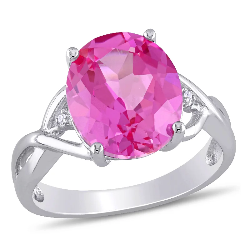 Mimi & Max 7 1/2ct TGW Oval-Cut Created Pink Sapphire and Diamond Accent Ring in Sterling Silver